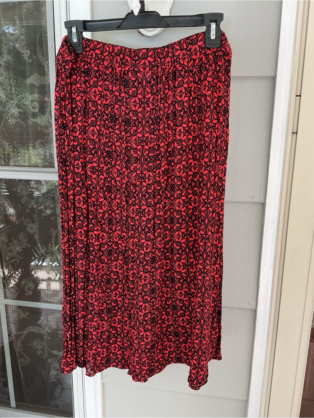 Kim Rogers Red Black Medallion Print Rayon A-Line Midi Skirt Womens Large L